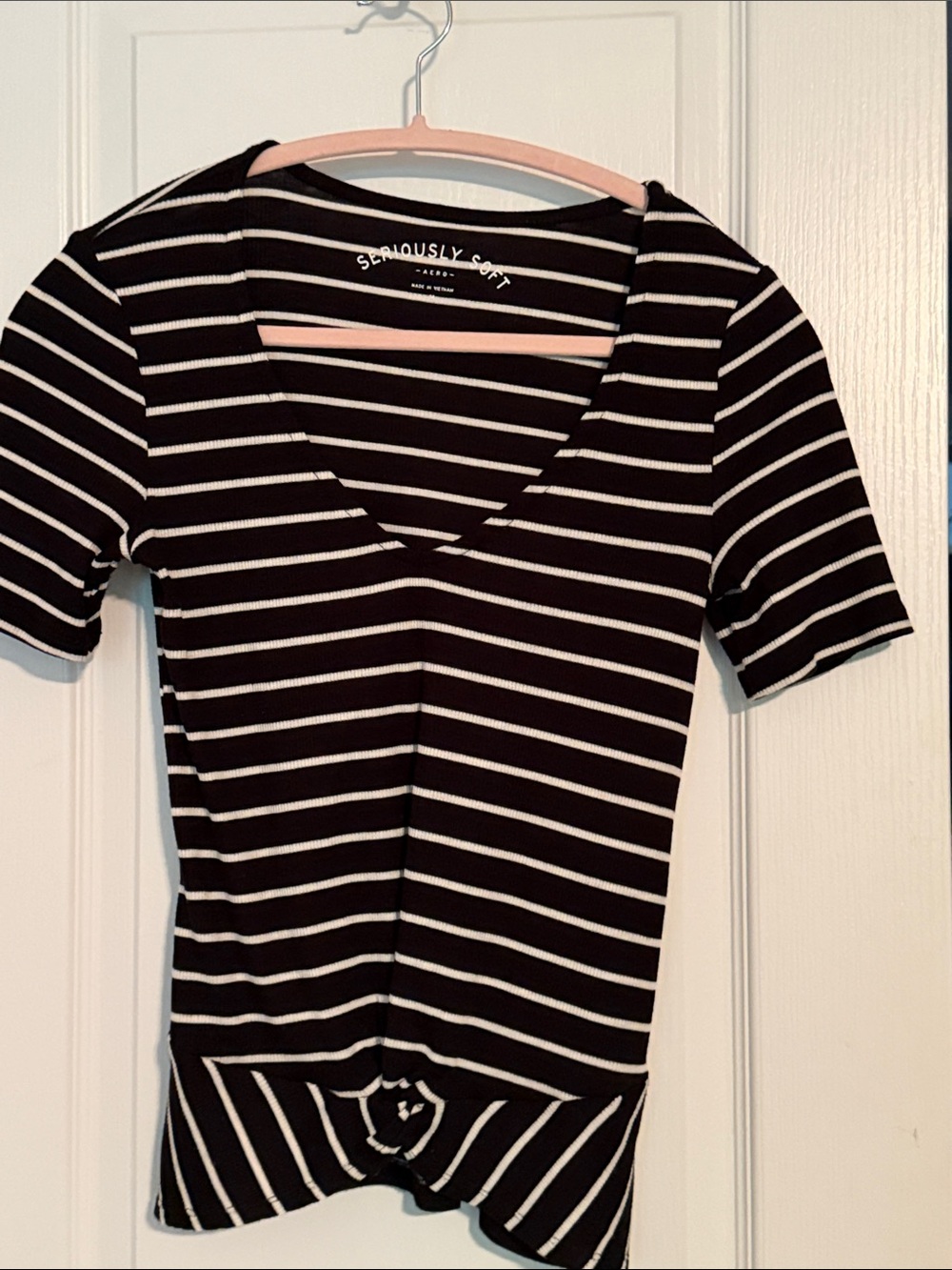 Aero Black & White Striped V-Neck Short Sleeve Top